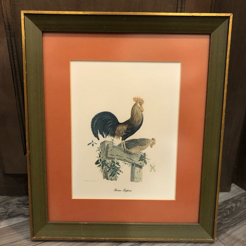 Athos Menaboni “Brown Leghorn” Orange Matted Rooster & Hen Print 11-1/2x13-1/2”